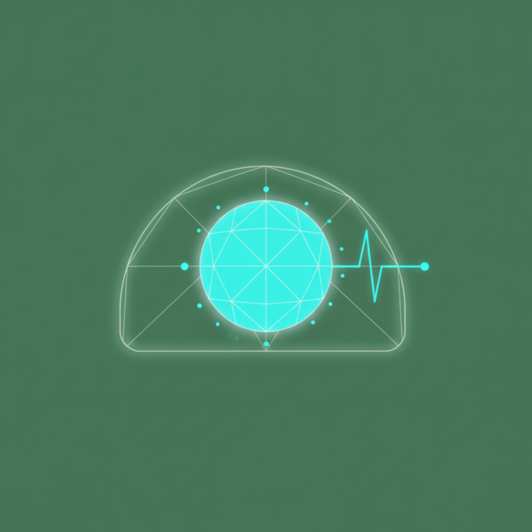 a stylized low-poly wireframe circular sensor-patch silhouette worn flush against a rounded skin-surface arc, with a sma