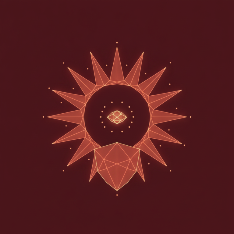 a stylized low-poly wireframe sun-ray burst overlapping a small shield silhouette, with a tiny faceted eye-shaped node a