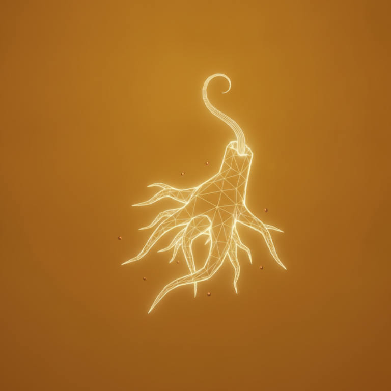 a stylized low-poly wireframe gnarled root silhouette with a small hair-strand tendril curling upward from its crown, su