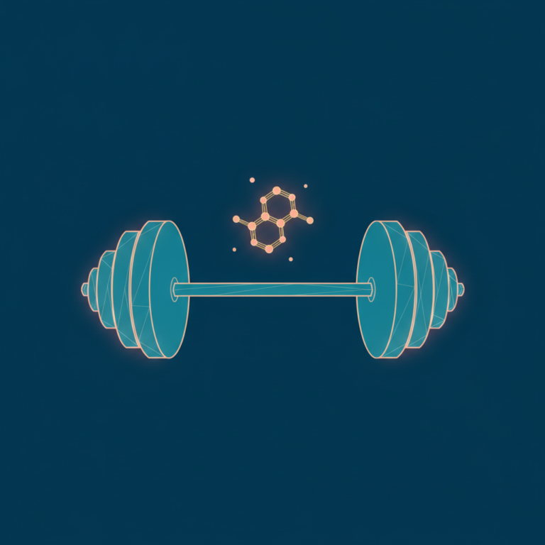 a stylized low-poly wireframe barbell silhouette merged with a small hexagonal protein-molecule accent hovering above it