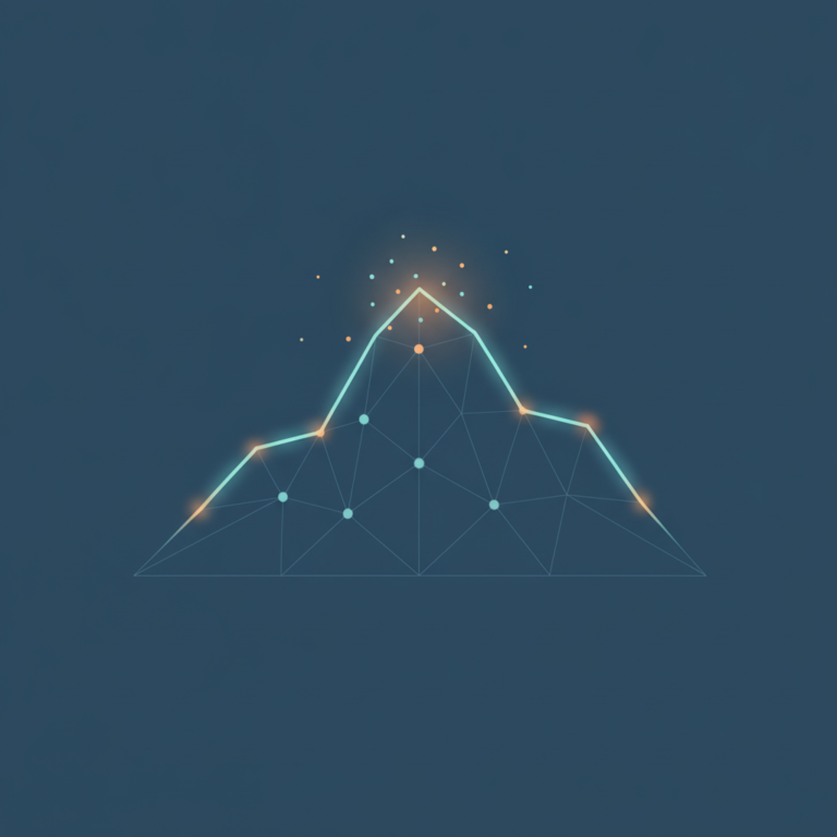a stylized low-poly wireframe mountain-peak silhouette with a small radiant energy-burst glowing at its summit, suggesti