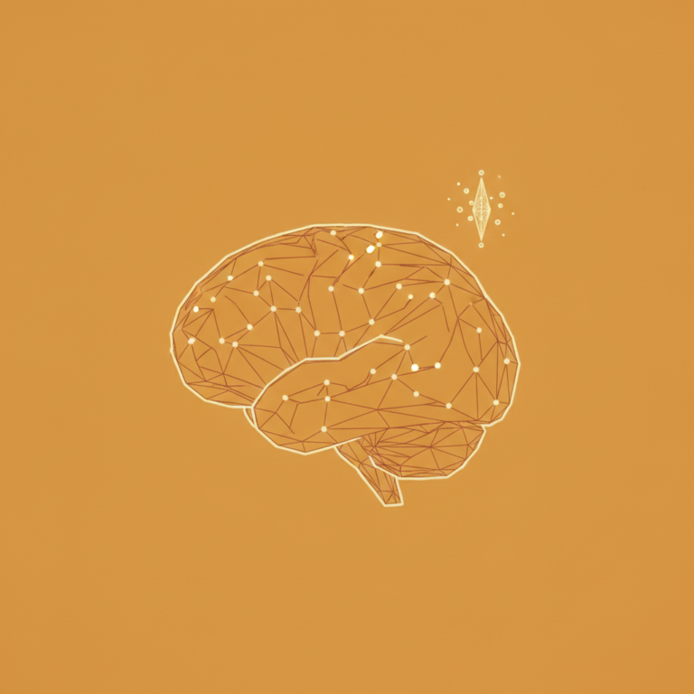 a stylized low-poly wireframe brain in profile with a single spark icon above