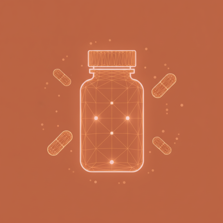 a stylized low-poly wireframe pill-bottle silhouette with a few orbiting capsule shapes