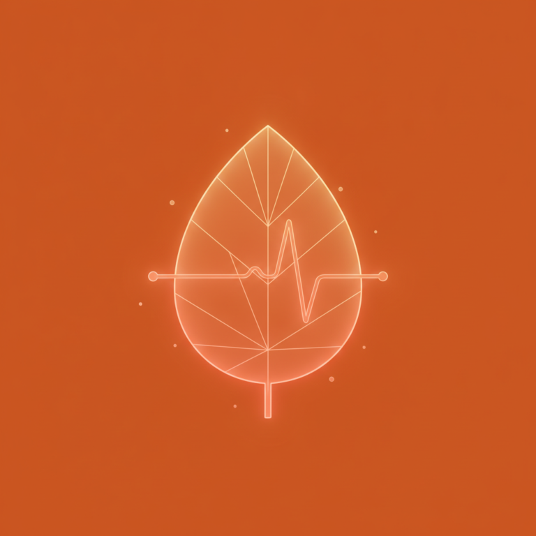 a stylized low-poly wireframe leaf silhouette with a small heart-pulse line