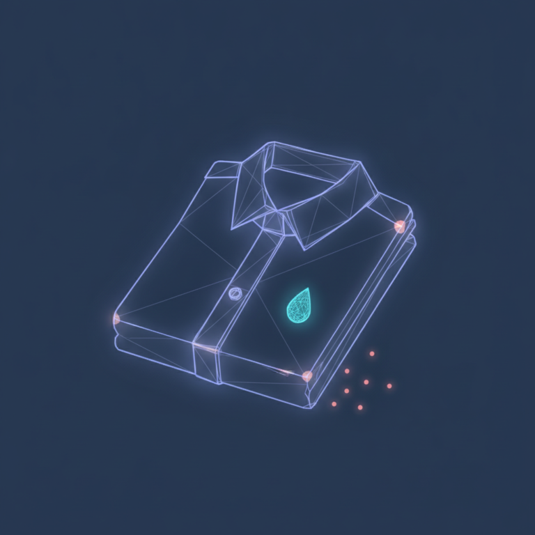 a stylized low-poly wireframe folded-shirt silhouette with a small water-droplet icon resting on its fabric surface and
