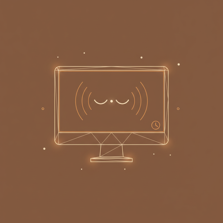 a stylized low-poly wireframe computer-monitor screen silhouette with a small closed-eye dot centred on the display and