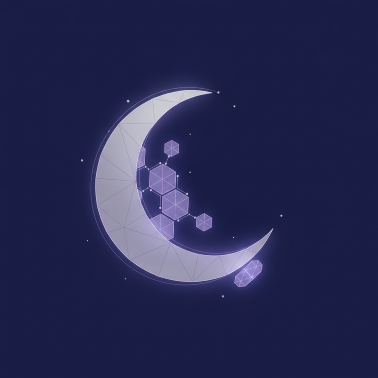 a stylized low-poly wireframe crescent-moon silhouette merged with a small hexagonal molecule-node cluster and a tiny ca