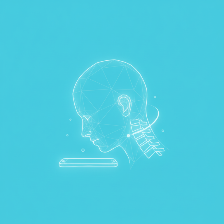 a stylized low-poly wireframe side-profile head-and-neck silhouette bent forward over a small smartphone-device shape, w