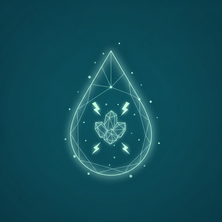 a stylized low-poly wireframe water-droplet silhouette with a small faceted salt-crystal cluster nested at its centre an