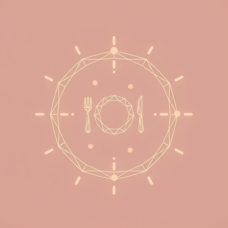 a stylized low-poly wireframe clock-face silhouette merged with a small fork-and-plate motif nested at its centre, with