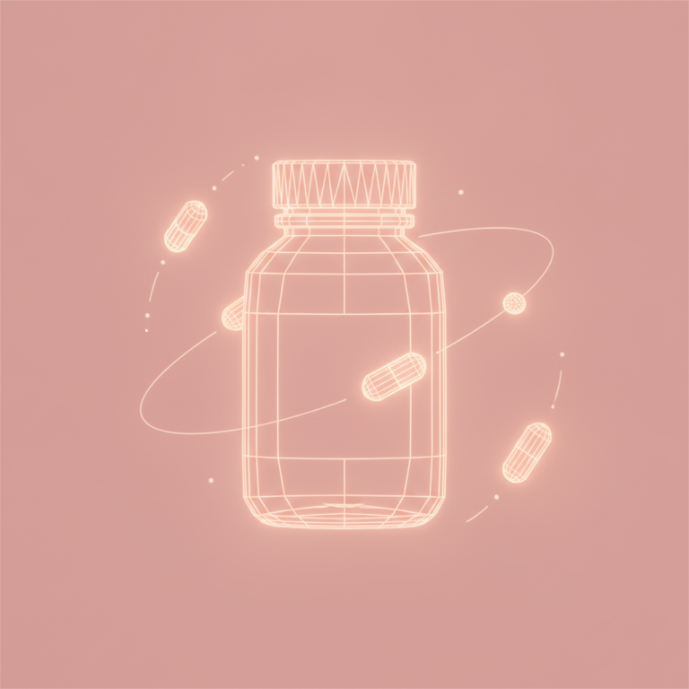 a stylized low-poly wireframe pill-bottle silhouette with a few orbiting capsule shapes