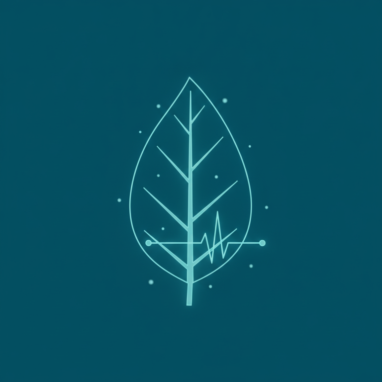 a stylized low-poly wireframe leaf silhouette with a small heart-pulse line