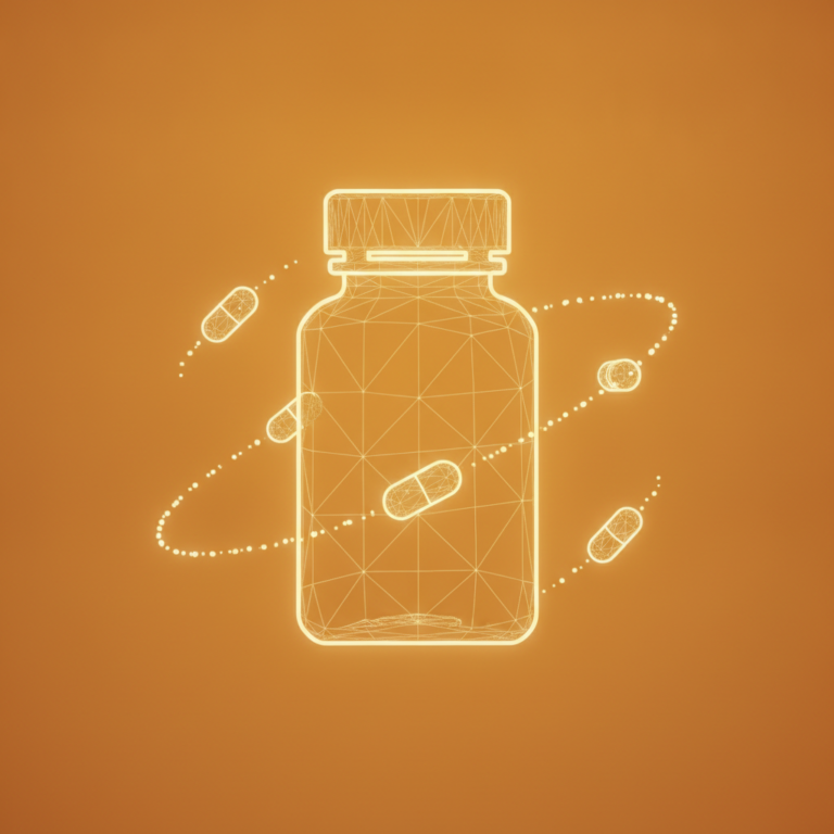 a stylized low-poly wireframe pill-bottle silhouette with a few orbiting capsule shapes