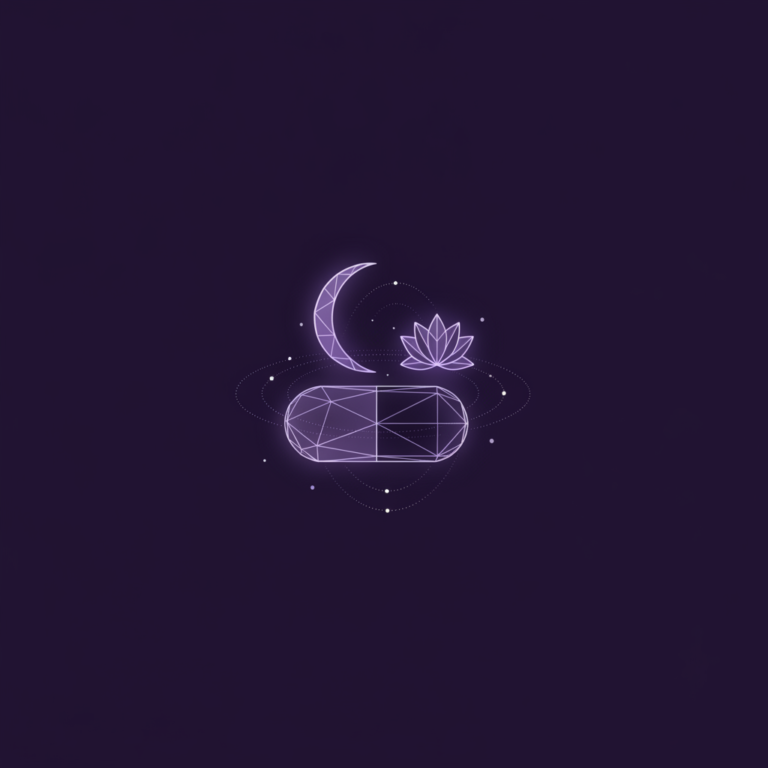 a stylized low-poly wireframe pill-capsule silhouette resting beside a small lotus-flower meditation icon, with a gentle