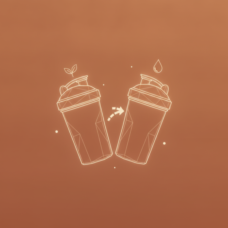 two stylized low-poly wireframe protein-shaker bottles facing each other, one topped with a small leaf-sprig icon and th