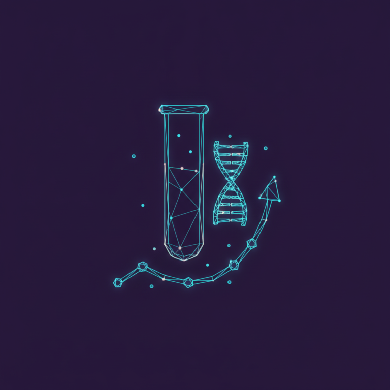 a stylized low-poly wireframe test-tube silhouette with a small DNA-helix strand curling beside it and a rising data-gra