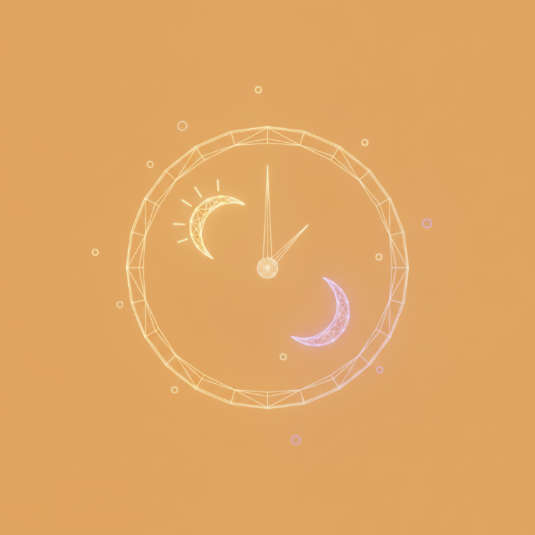 a stylized low-poly wireframe circular clock-face split diagonally into two mirrored halves — one half tracing a small r