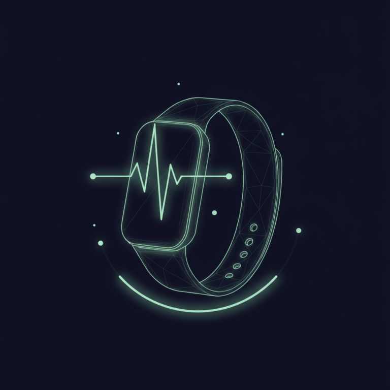 a stylized low-poly wireframe wristband/wearable-band silhouette in profile with a heartbeat pulse-waveform line arcing