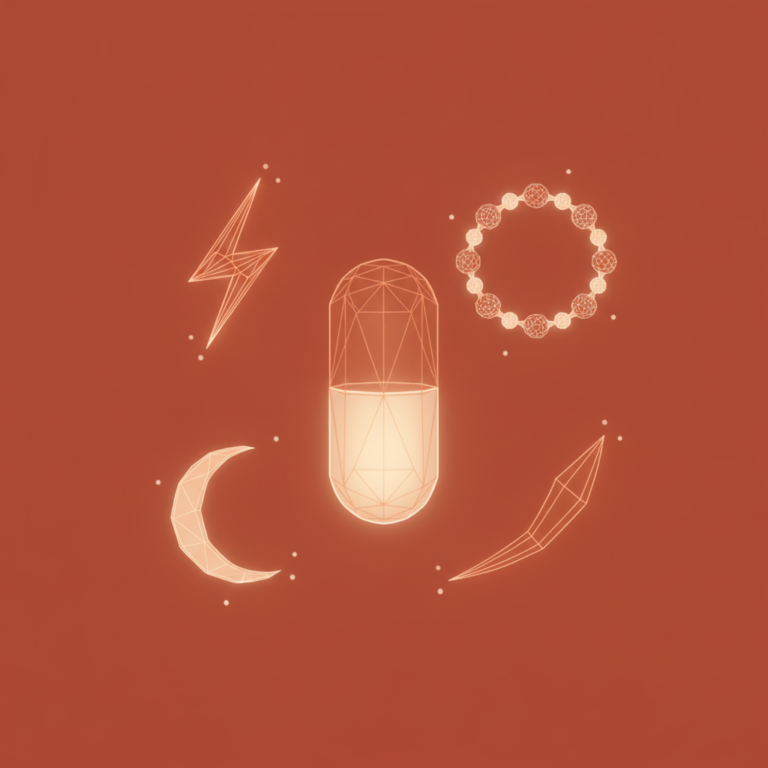 four small distinct wireframe motifs, a spark, a hormone-ring, a crescent moon, and a recovery-arc, arranged around and