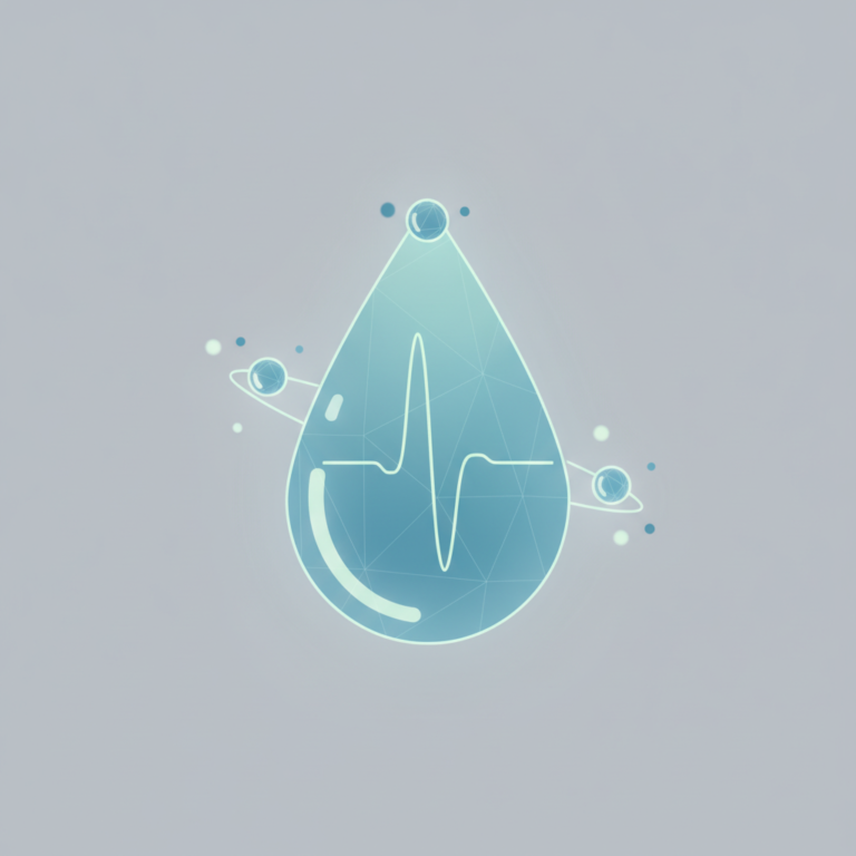a stylized low-poly wireframe water-droplet silhouette with three small orbiting ion-ring nodes and a thin pulse-line tr