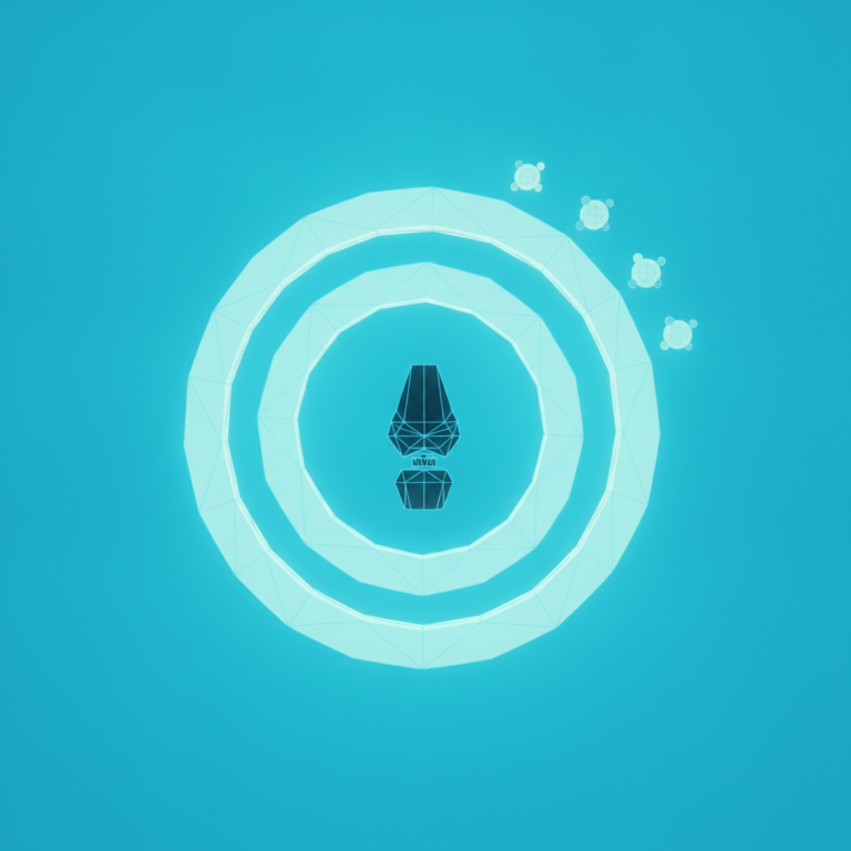 a stylized low-poly wireframe resistance-band loop coiled into a gentle spiral with a small hinged-joint silhouette nest