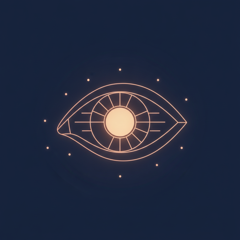 a stylized low-poly wireframe eye silhouette in profile with a small sun-disc rising within the iris and three horizonta