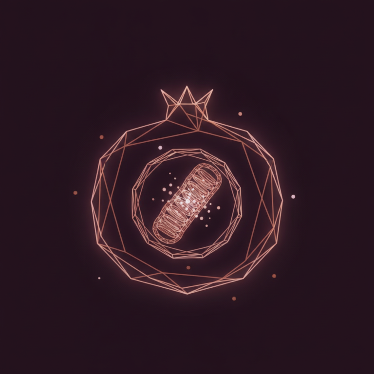 a stylized low-poly wireframe pomegranate silhouette with a small mitochondria cross-section nested inside showing inner