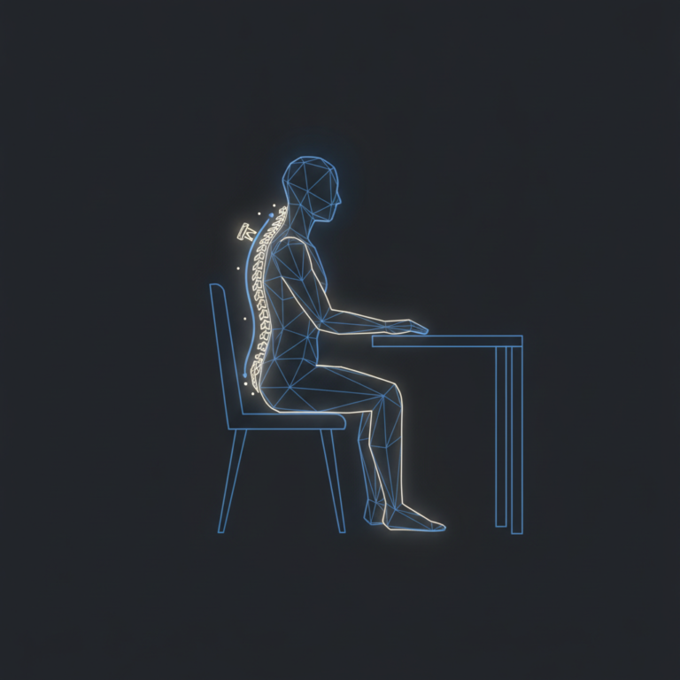 a stylized low-poly wireframe seated-figure silhouette in side profile at a desk, with a glowing spine-alignment guideli