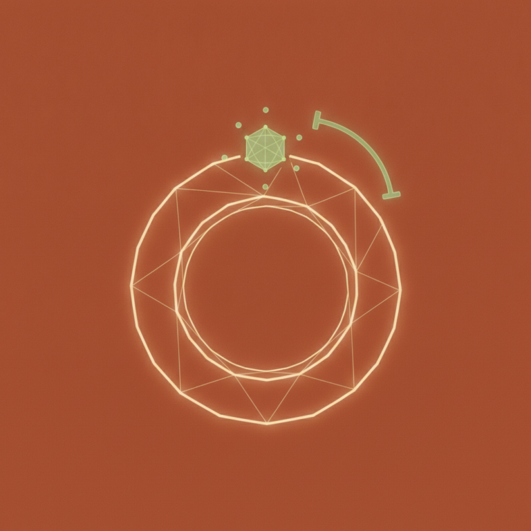 a stylized low-poly wireframe dinner-plate silhouette with a small hexagonal amino-acid molecule hovering above it and a