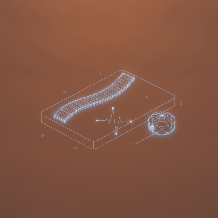 a stylized low-poly wireframe slim sensor-strip silhouette curved gently along a minimal rounded mattress-corner outline
