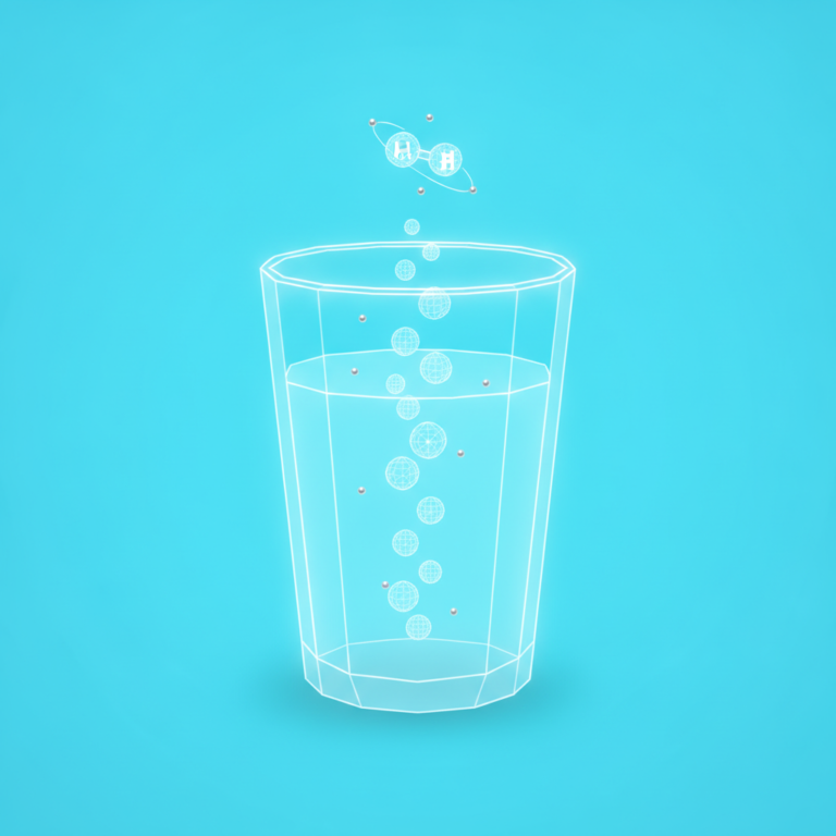 a stylized low-poly wireframe water-glass silhouette with a column of small rising bubble-spheres inside it and a tiny p
