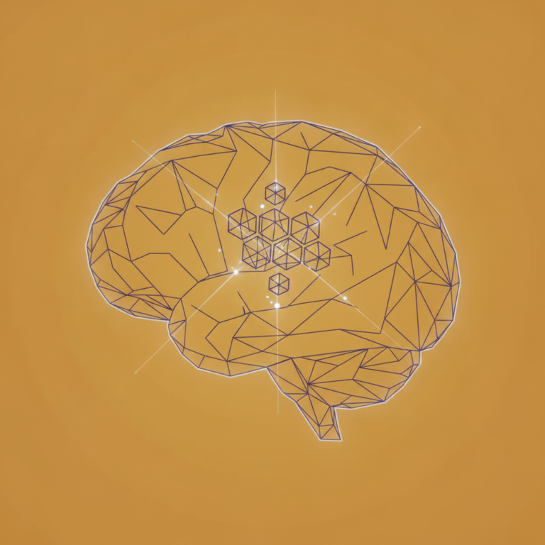 a stylized low-poly wireframe brain silhouette in profile merged with a small faceted hexagonal dye-molecule cluster nes