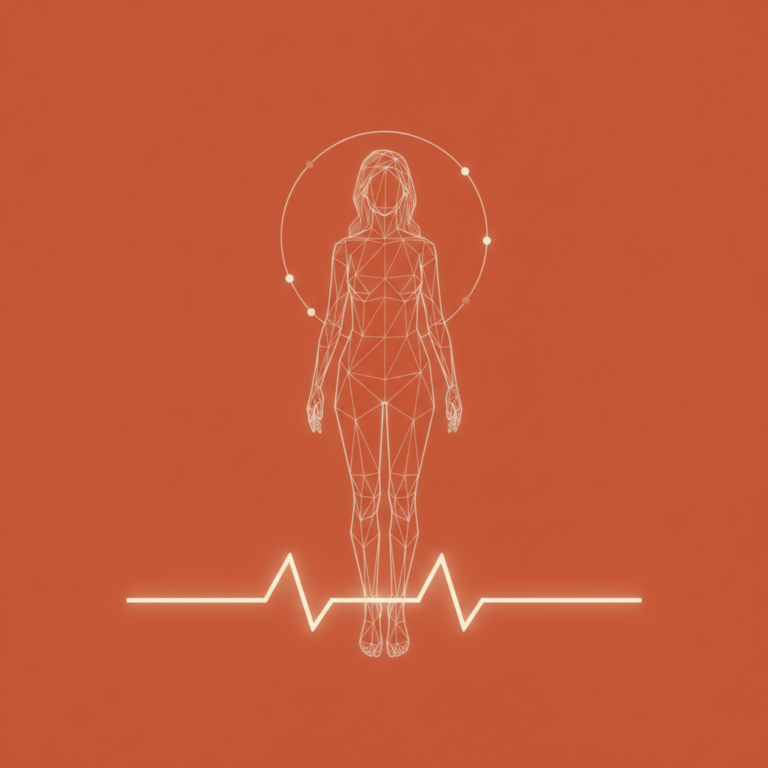 a stylized low-poly wireframe silhouette of a woman in a calm standing pose with a thin hormone-ring halo arcing above h