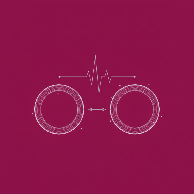 two stylized low-poly wireframe ring silhouettes (wearable smart rings) facing each other with a small double-headed com