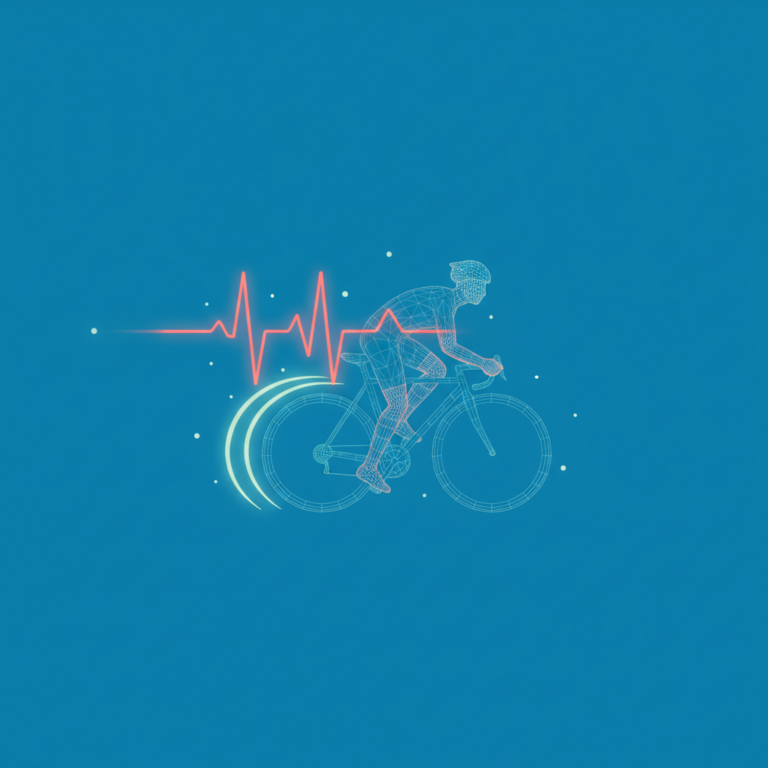 a stylized low-poly wireframe cyclist silhouette in mid-pedal-stroke merged with a heart-rate pulse-line trailing from t