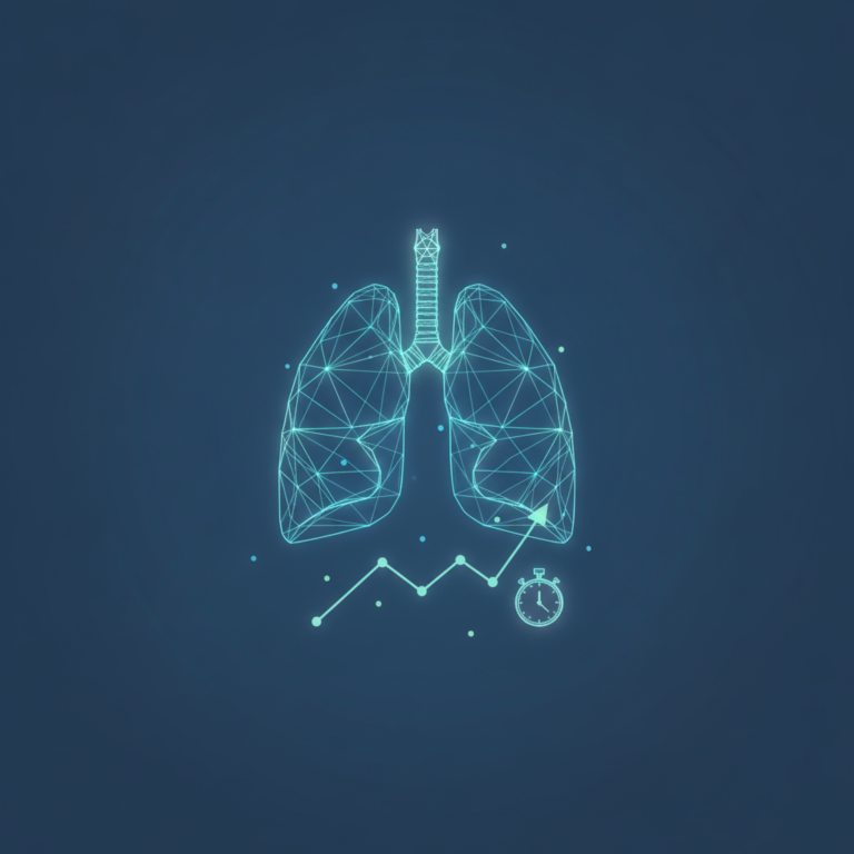 a stylized low-poly wireframe pair of lungs silhouette merged with a small ascending line-graph trailing upward from the