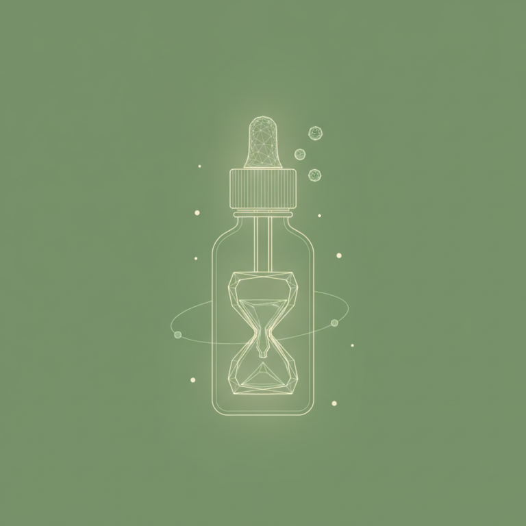 a stylized low-poly wireframe dropper-bottle silhouette merged with a small hourglass shape nested at its base and three